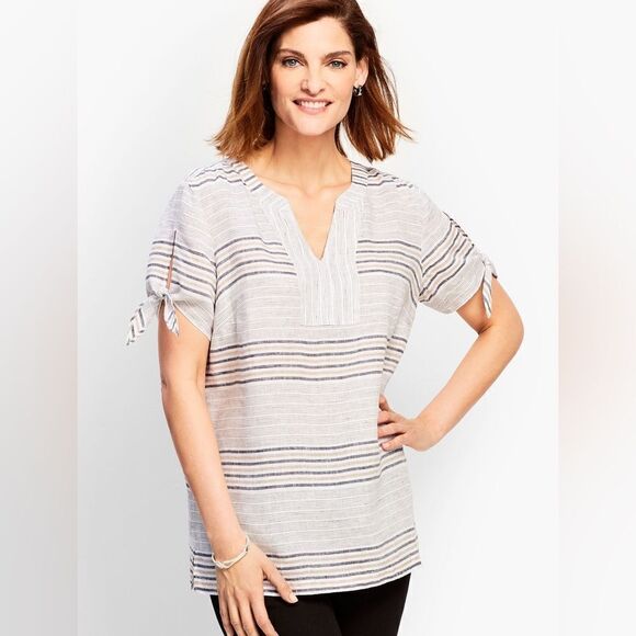 Talbots Women’s Gray Stripe Linen Short Tie-Sleeve Blouse Shirt Size X - Picture 2 of 11